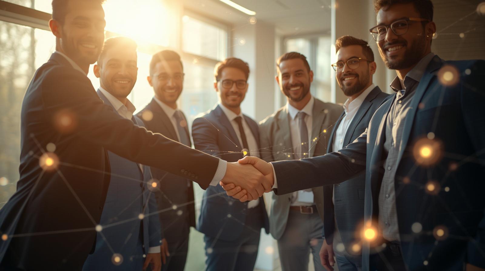 A diverse group of people from around the world, representing various cultures and ethnicities, collaborating and shaking hands in a modern office setting. The scene should evoke a sense of global unity, tr